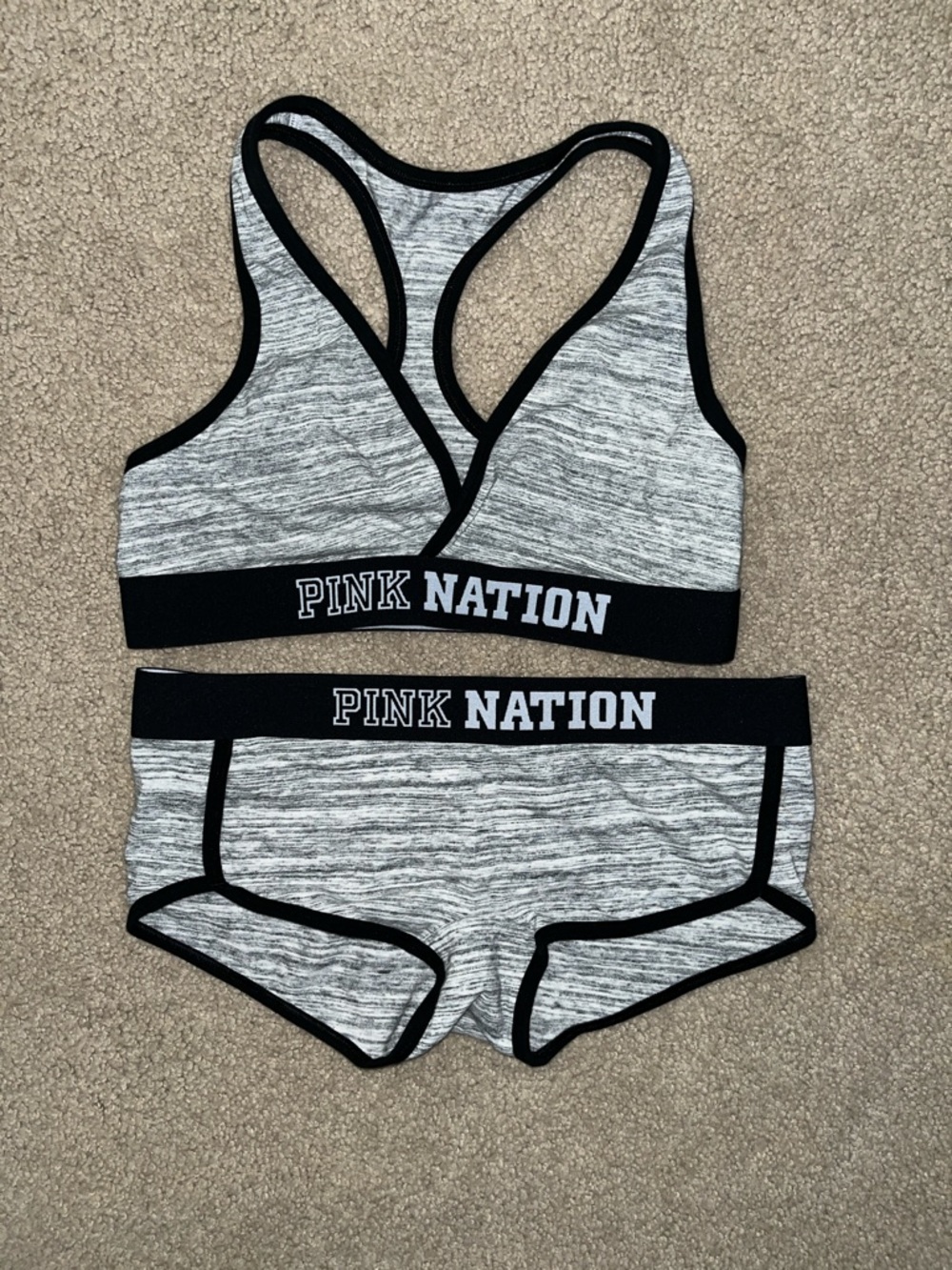 PINK Victoria's Secret Gray & Black "PINK NATION" Sports Bra and Briefs Set